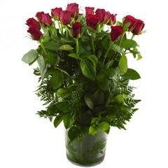 Red Diamonds - 20 Roses Bouquet: Large bouquet of 20 long-stem red roses in a glass vase.