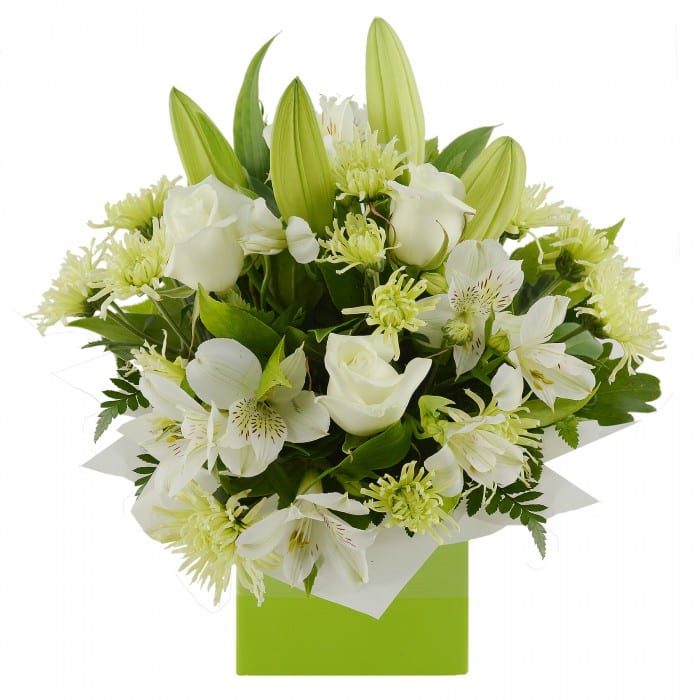 Pure and Special Flower Arrangement: White and green mini box arrangement with lilies and roses.