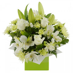 Pure and Special Flower Arrangement: White and green mini box arrangement with lilies and roses.