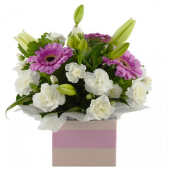 Make My Day Flower Arrangement: White and pink box arrangement with carnations, lilies, and gerberas.