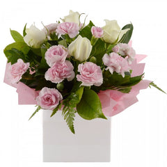 Forever Pink Mini Box Flower Arrangement: Pink and white mini box arrangement with carnations and roses.