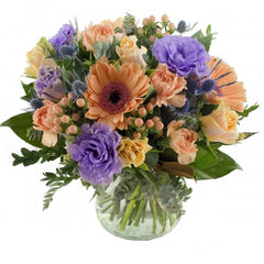 Tangerine Pastels Bouquet: Apricot and purple bouquet with gerberas, roses, and lisianthus.