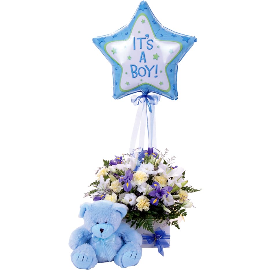 A blue and white box of iris, sim carnations, lisianthus, and oriental lilies with a blue teddy bear and baby boy balloon.