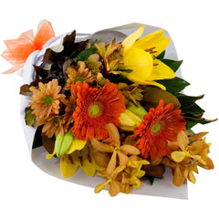Orange Fever Bouquet: Orange-themed bouquet with orchids, lilies, and gerberas.