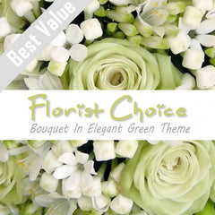 A serene green bouquet of fresh seasonal flowers, wrapped with greenery for a calming effect.