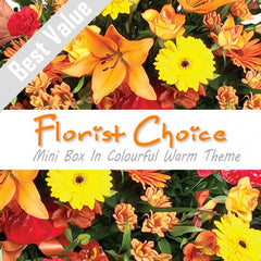 A warm mini box of red, orange, and yellow seasonal flowers, accented with greenery for a cozy gift.