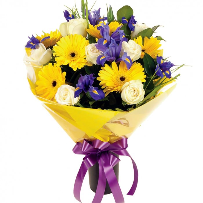 Sunshine: Yellow, cream, and purple bouquet with mini gerberas, roses, and iris.