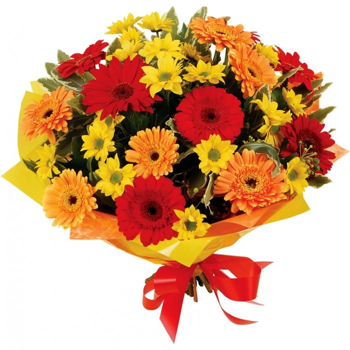 Sunburst: Large red, yellow, and orange bouquet with mini gerberas and chrysanthemums.