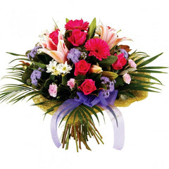 All For You Bouquet: Pink, purple, and white bouquet with roses, oriental lilies, gerberas, and carnations.