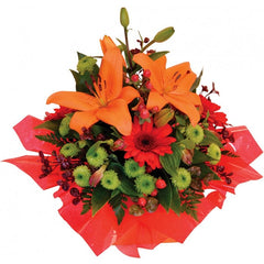 Mango Tango - Orange Mini Box: Orange and green mini box arrangement with mini gerberas and lilies.