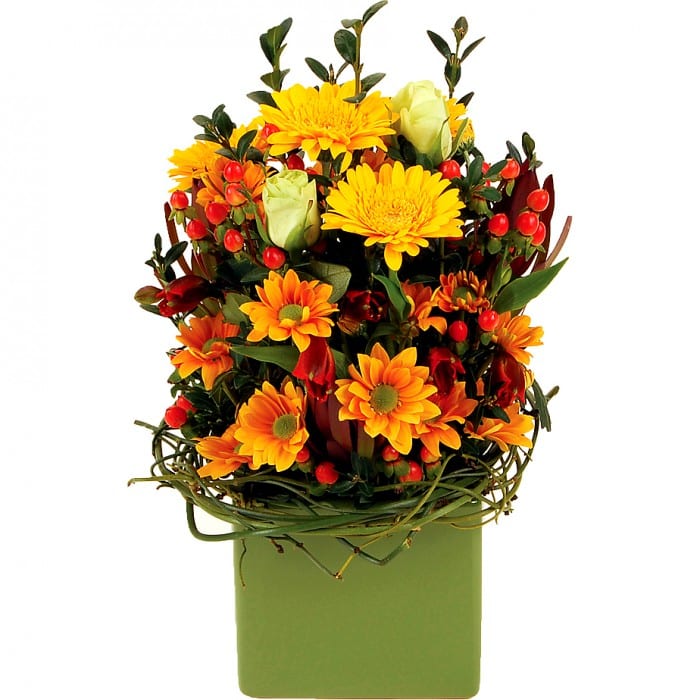 Autumn Rise Ceramic Flower Arrangement: Yellow, orange, and red ceramic arrangement with chrysanthemums, mini gerberas, and rustic twine.