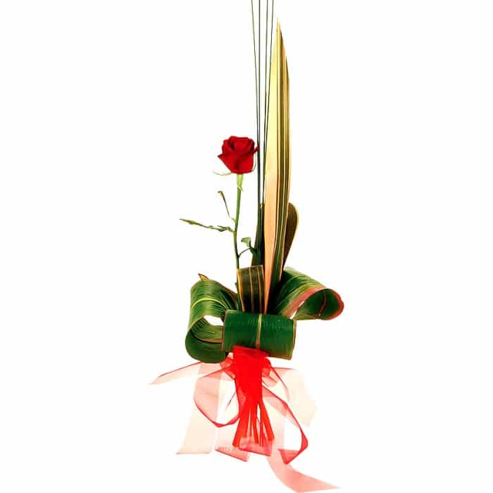 Single Rose Bouquet - Bella Rose: Single long-stem red rose with flax and spear grass.