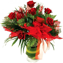 6 Red Roses in Vase - For My Love: Vase arrangement of six medium-stem red roses with foliage.