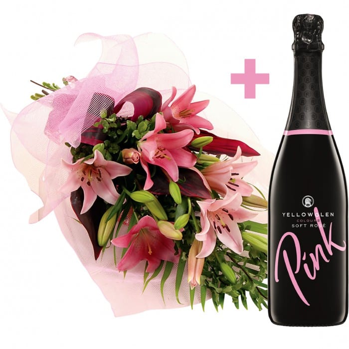 Pink Lilies combo: Pink and green sheath bouquet with liliums and a bottle of Pink by YellowGlen.